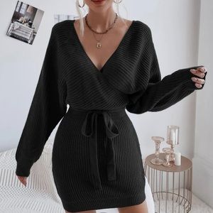 Pearl embossed batwing sleeve low cut black sweater dress